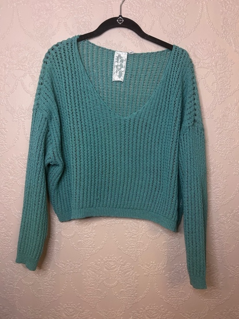 Sadie & Sage Teal Open-Knit V-Neck Sweater